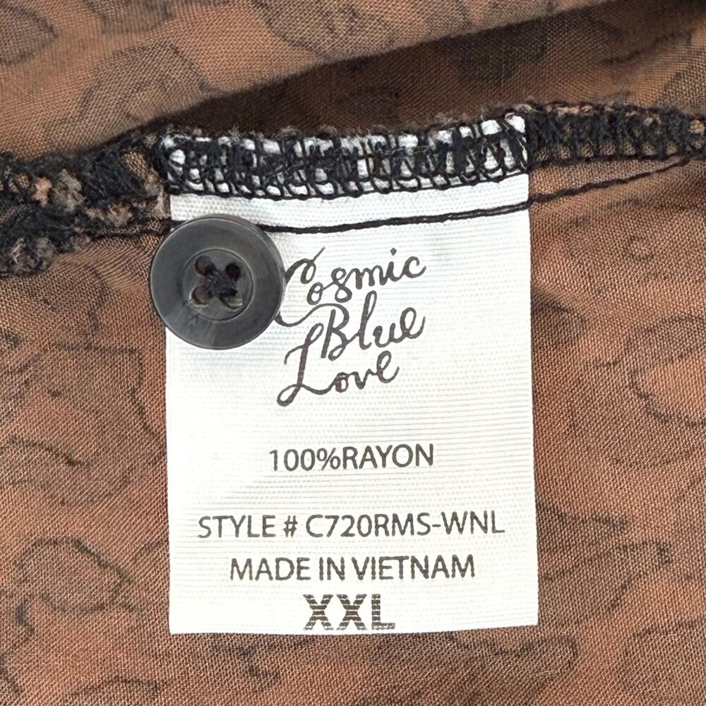 Cosmic Blue Love Boho Animal Print Button-Up Blouse Brown Black XXL Rayon - Picture 6 of 8